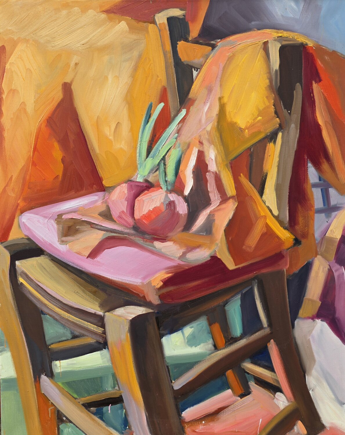 Still Life: Onions on a brown chair @asaleanderz Leanderz Original painting for sale