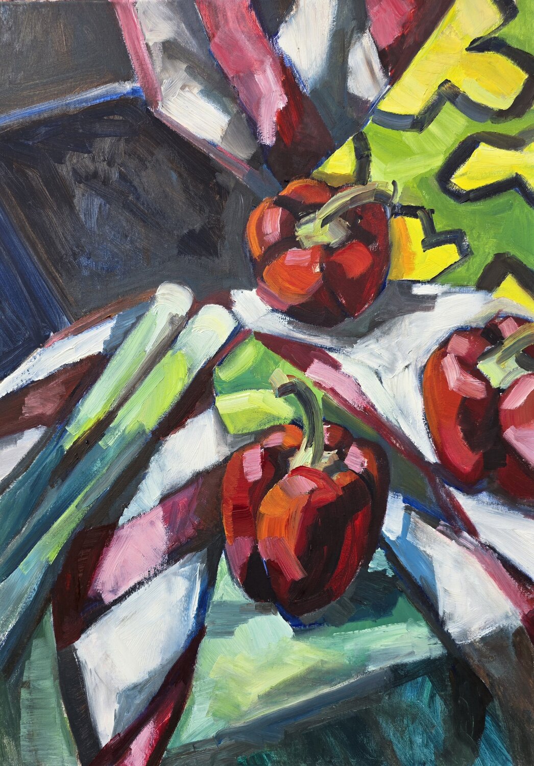 Still Life with Bell Pepper and Leek on Fabric @asaleanderz Leanderz Original painting for sale