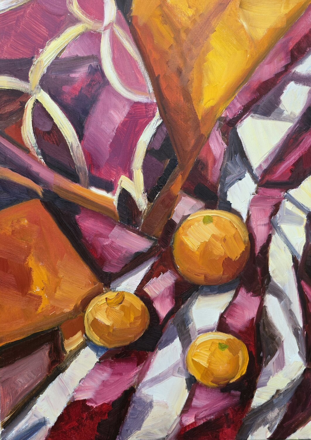 Still Life: Oranges on striped fabric @asaleanderz Leanderz Original painting for sale