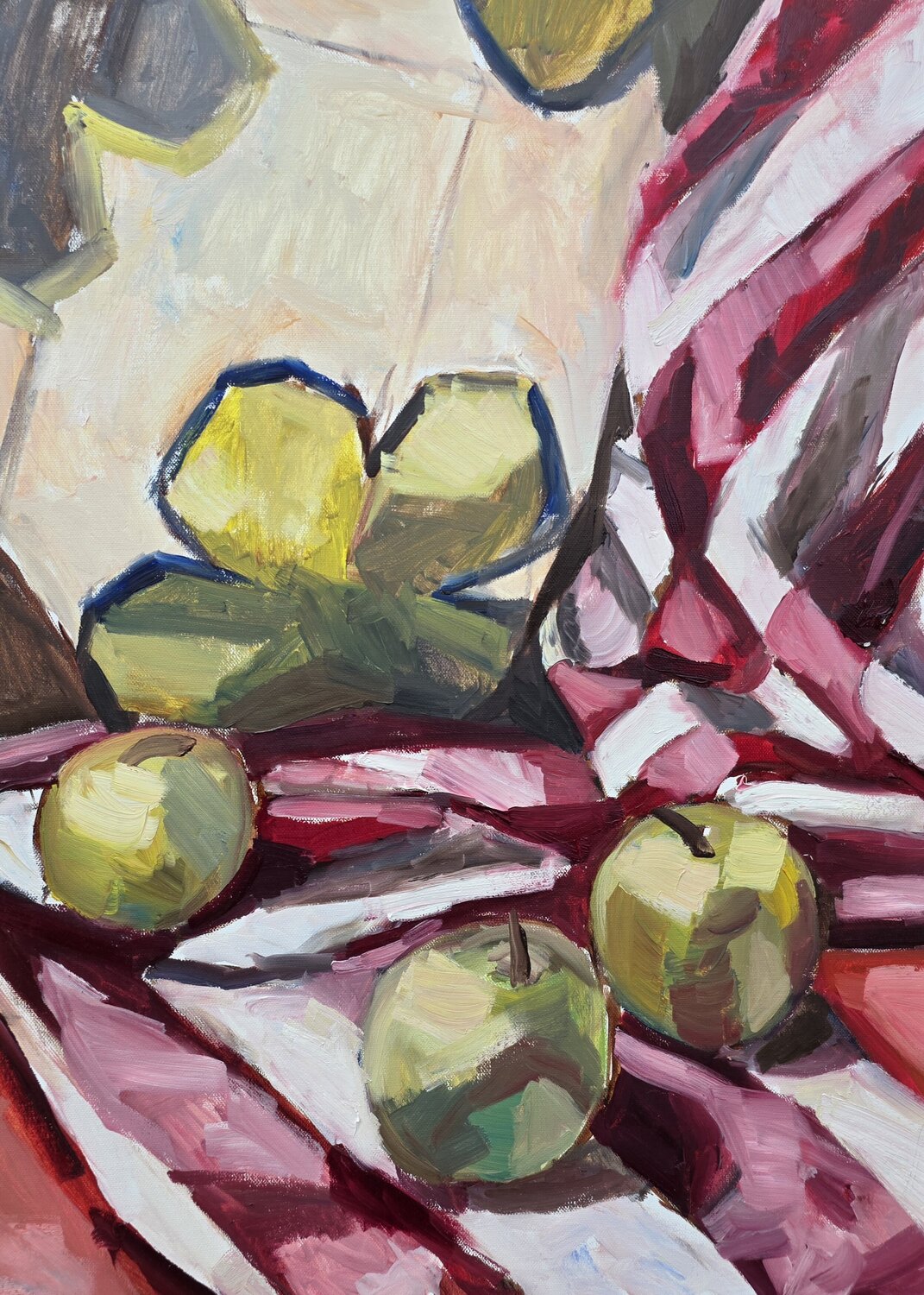 Apples on Stripes with Floral Drapery @asaleanderz Leanderz Original painting for sale