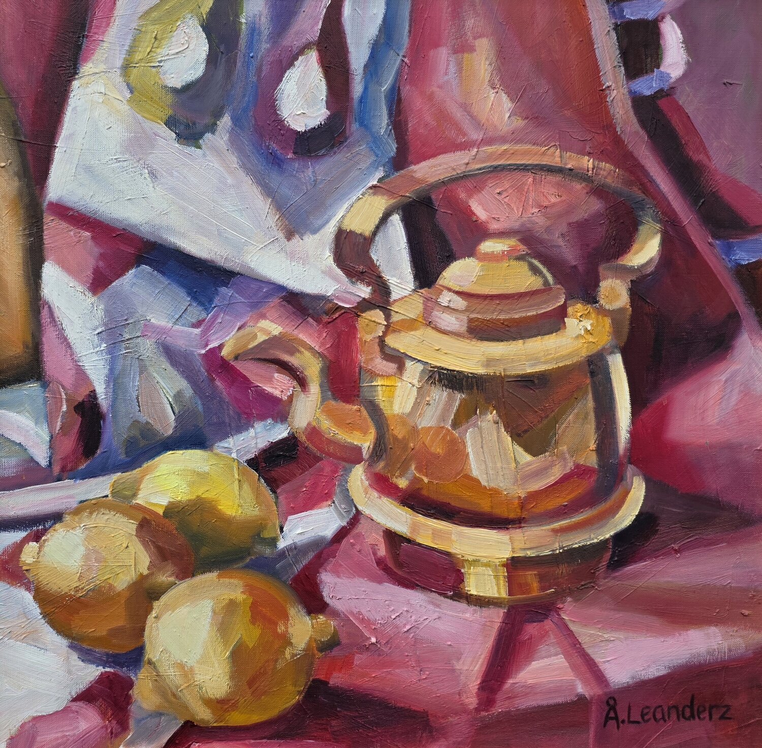 Still Life with Copper Pitcher, Onions, and Lemon @asaleanderz Leanderz Original painting for sale