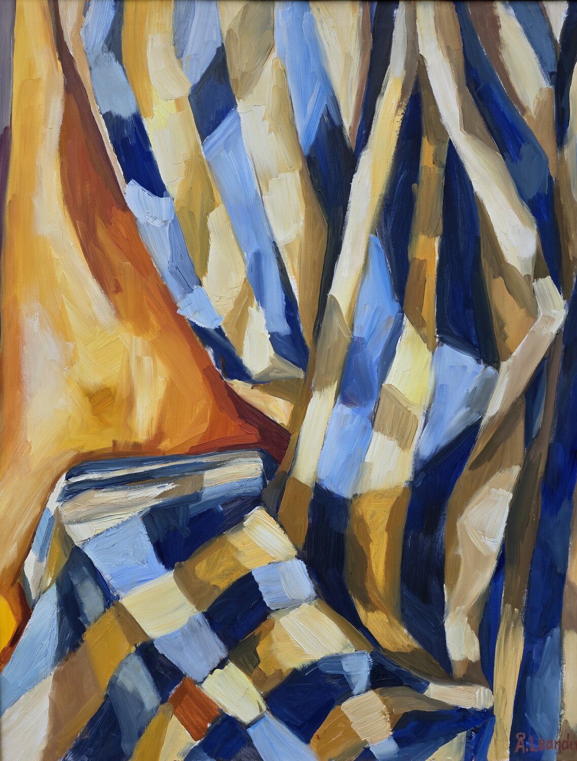 Still Life: Fabric with blue and yellow stripes @asaleanderz Leanderz Original painting for sale