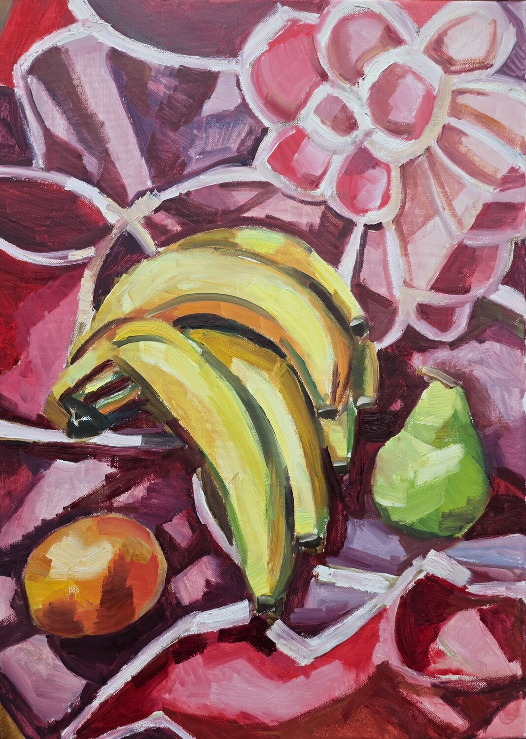 Still Life: Pear, Orange, and Bananas on Pink Floral Cloth @asaleanderz Leanderz Original painting for sale