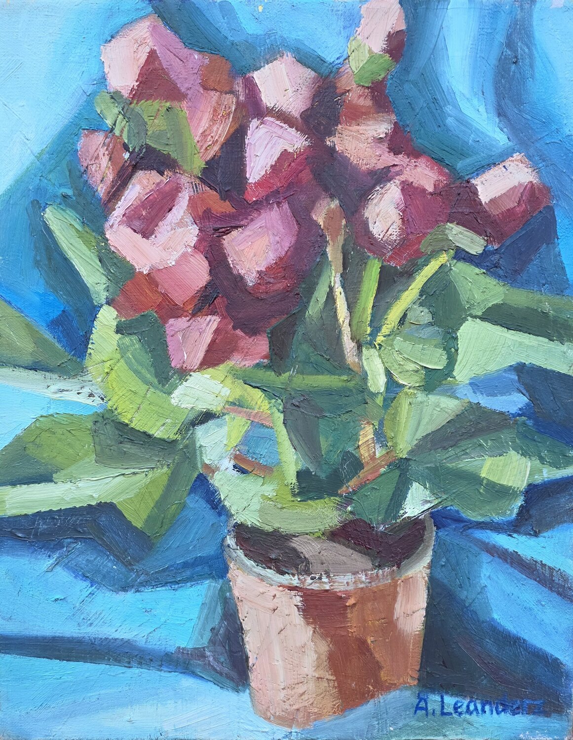 A red begonia plant with blue fabric @asaleanderz Leanderz Original painting for sale