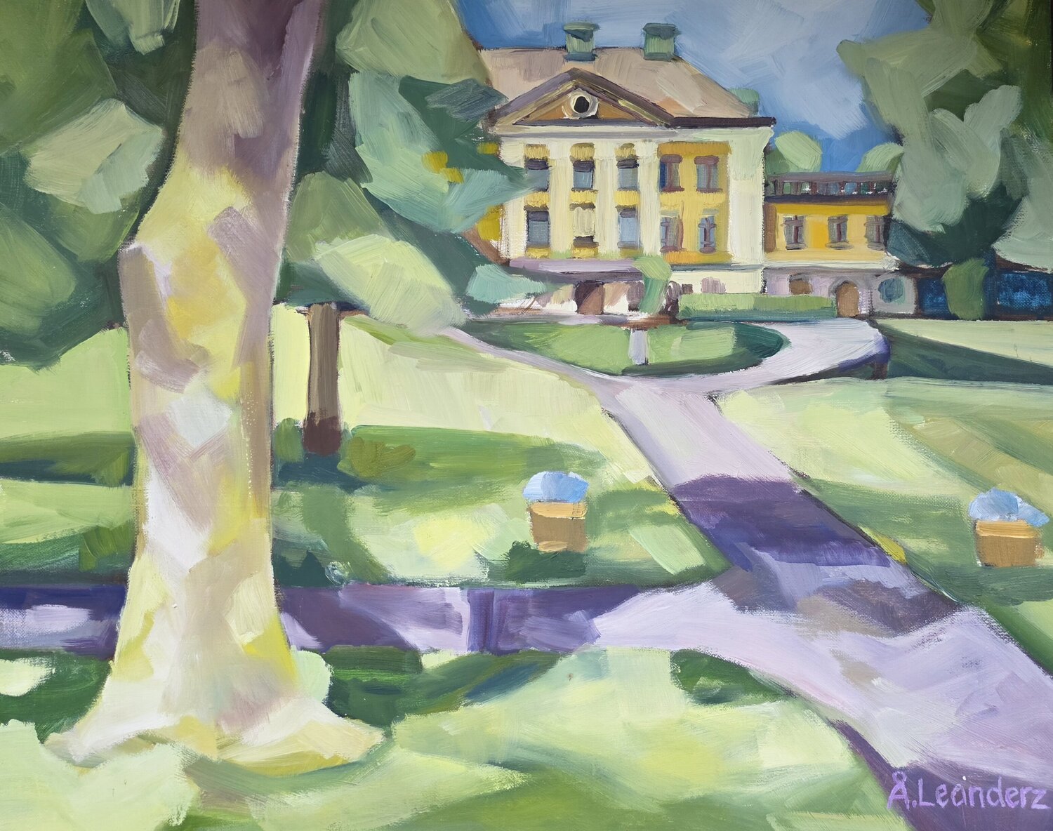 A Lakeside Mansion where Sunbeams Dance through the Branches @asaleanderz Leanderz Original painting for sale