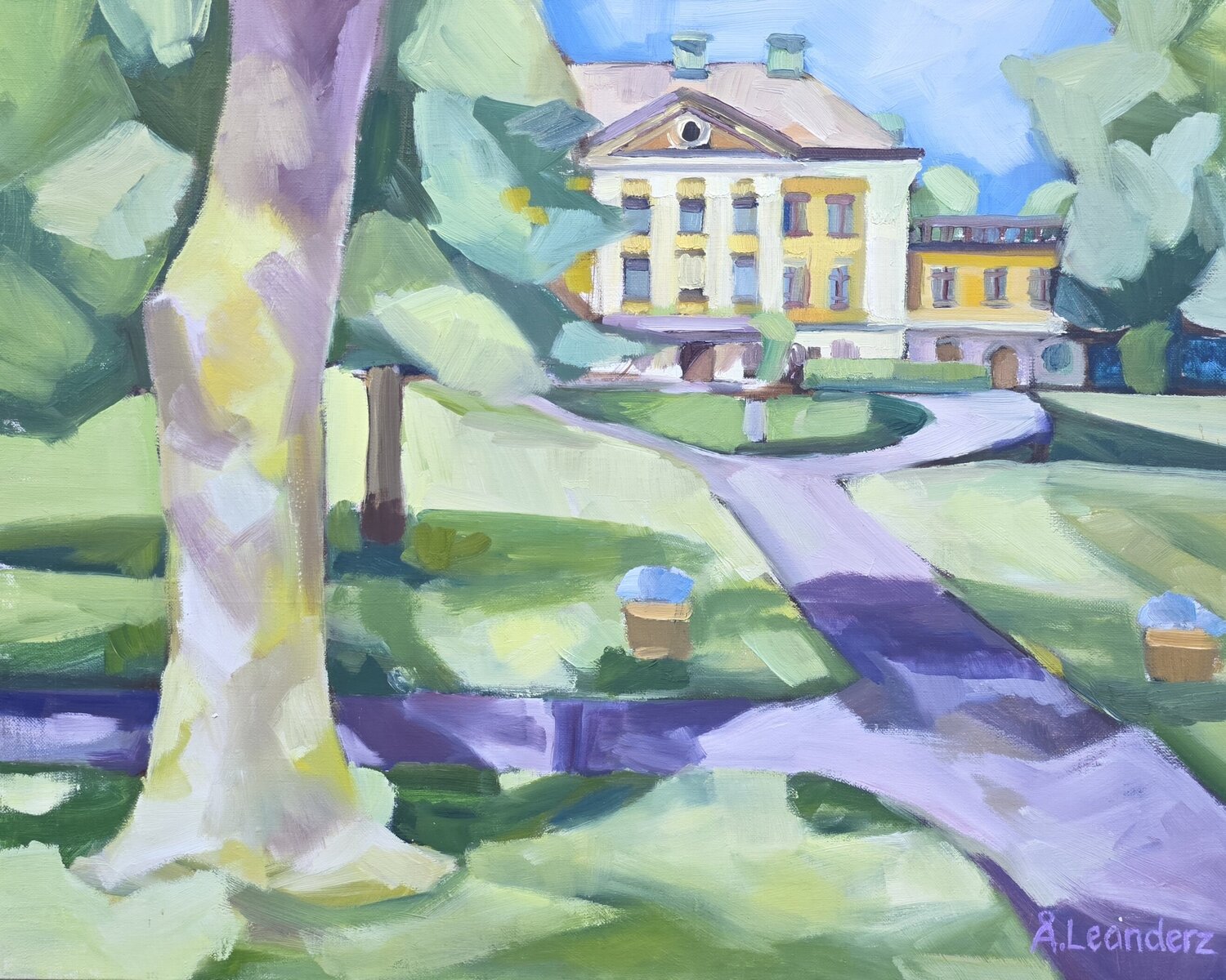 A Lakeside Mansion where Sunbeams Dance through the Branches @asaleanderz Leanderz Original painting for sale