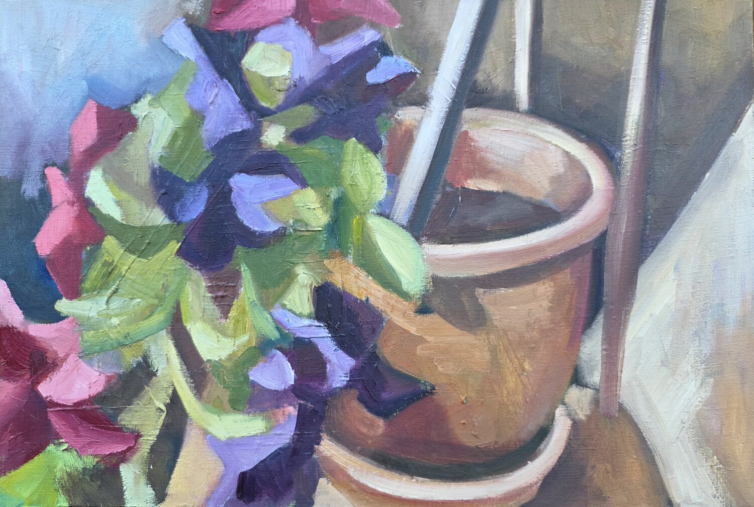 Terracotta-potted petunia @asaleanderz Leanderz Original painting for sale