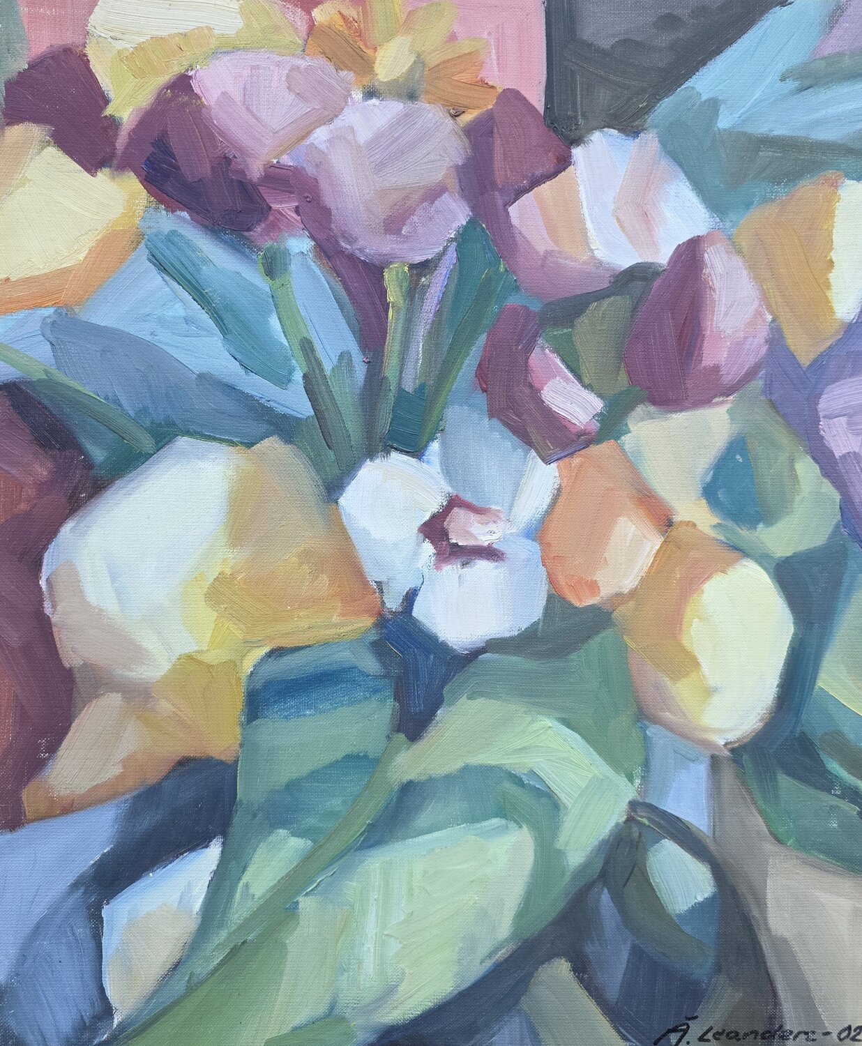 Close-up of a gallery opening flower bouquet @asaleanderz Leanderz Original painting for sale