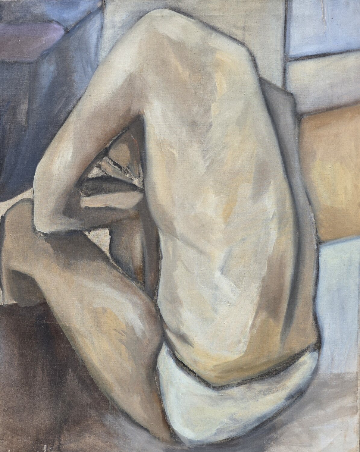 Forward-leaning seated nude in a three-quarter view from behind @asaleanderz Leanderz Original painting for sale