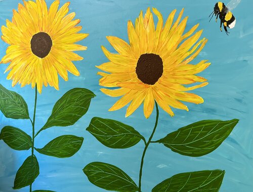 Sunflowers on Blue with Bee by Ruth Breen, Painting for Sale on Select