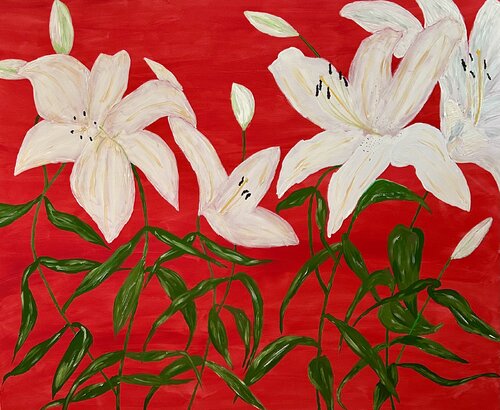 White Lilies on red (Flowers) by Ruth Breen, Painting for Sale on Select