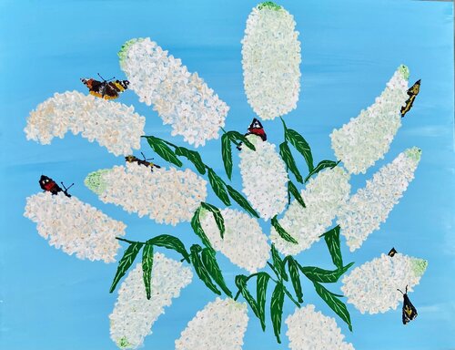 White Buddleia with butterflies (flowers) by Ruth Breen, Painting for Sale on Select