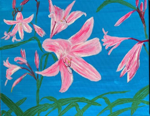 Pink Lilies on blue (Flowers) by Ruth Breen, Painting for Sale on Select