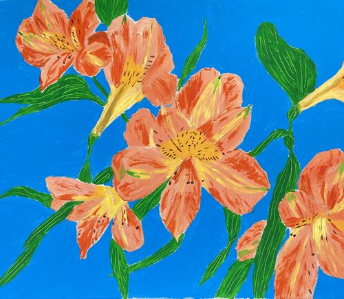 Orange Lilies on Blue (Flowers) by Ruth Breen, Painting for Sale on Select
