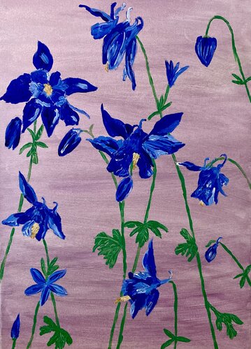 Blue Flowers on pink by Ruth Breen, Painting for Sale on Select