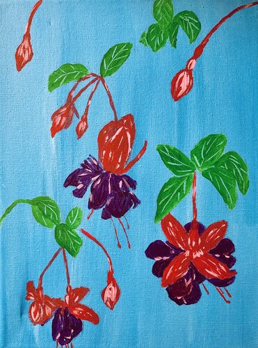 Fuchsias on Vivid Blue by Ruth Breen, Painting for Sale on Select