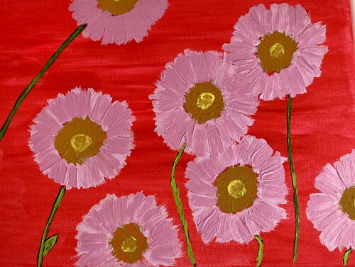 Pink Daisies on Red by Ruth Breen, Painting for Sale on Select