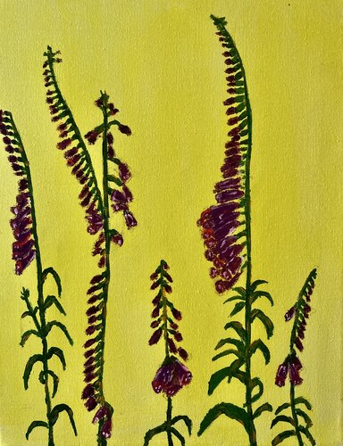 Foxgloves flowers on yellow by Ruth Breen, Painting for Sale on Select