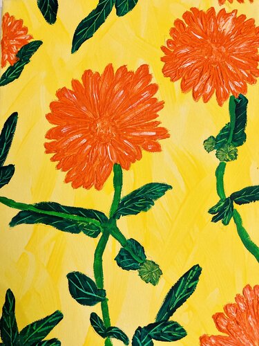 Orange flowers on yellow by Ruth Breen, Painting for Sale on Select