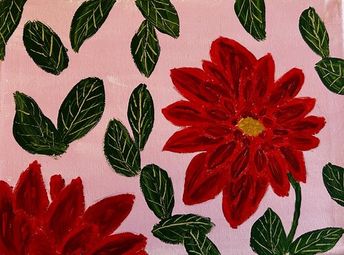 Red Dahlias on pink by Ruth Breen, Painting for Sale on Select