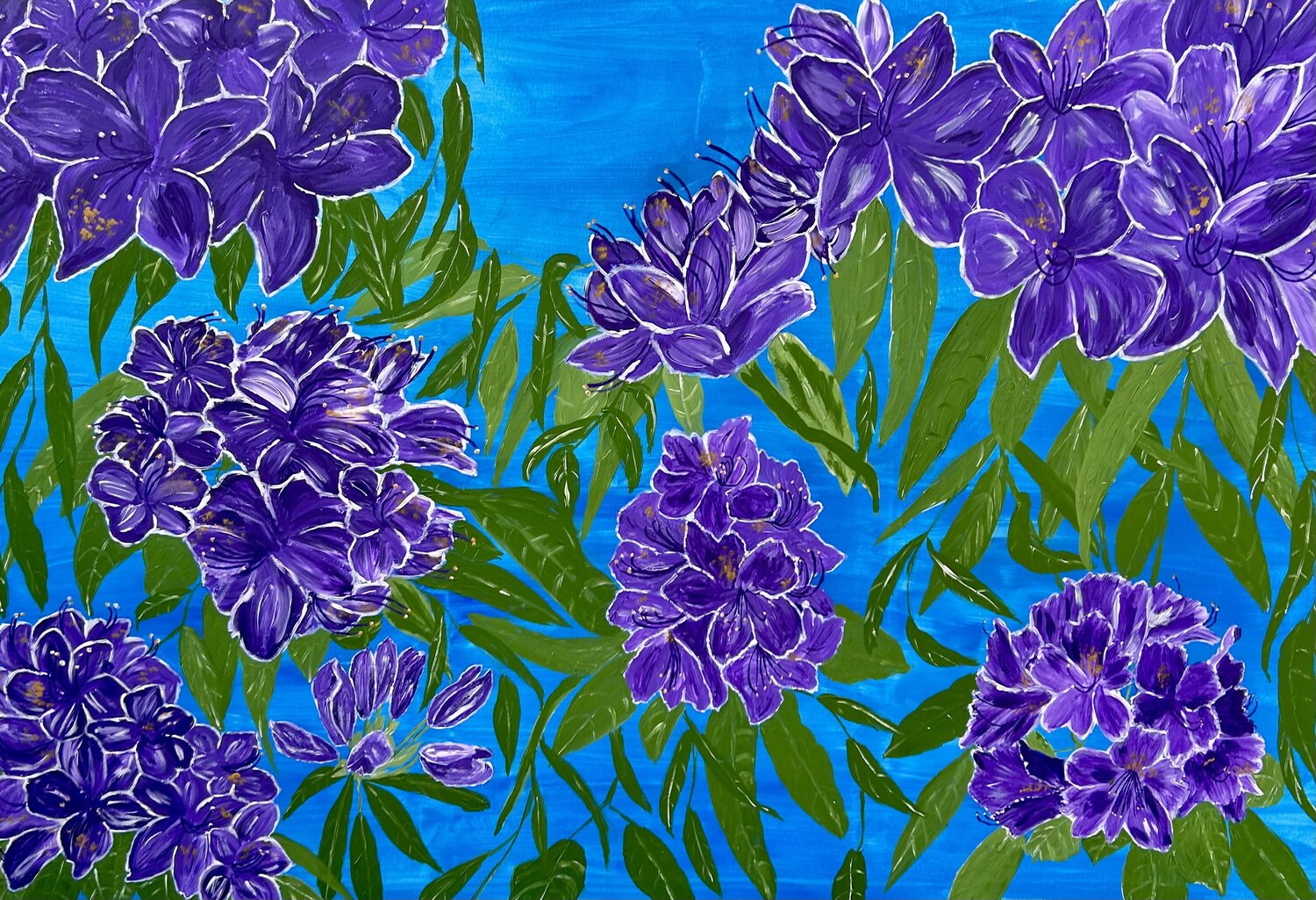 Purple Rhododendrons on Intense Blue (Rhododendrons Flowers) Ruth Breen Original painting for sale