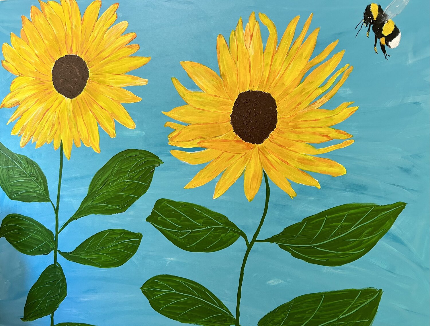 Sunflowers on Blue with Bee Ruth Breen Original painting for sale