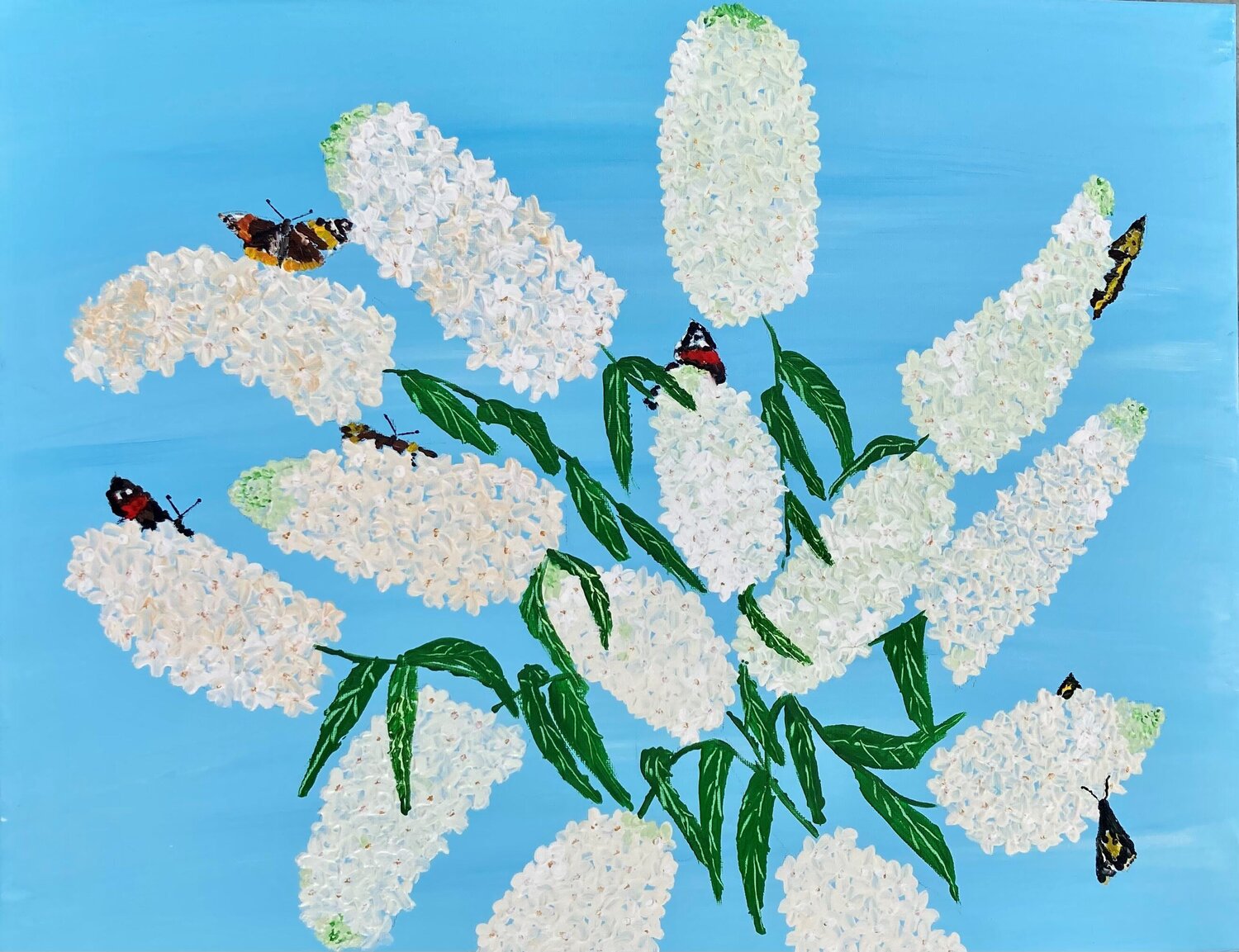 White Buddleia with butterflies (flowers) Ruth Breen Original painting for sale