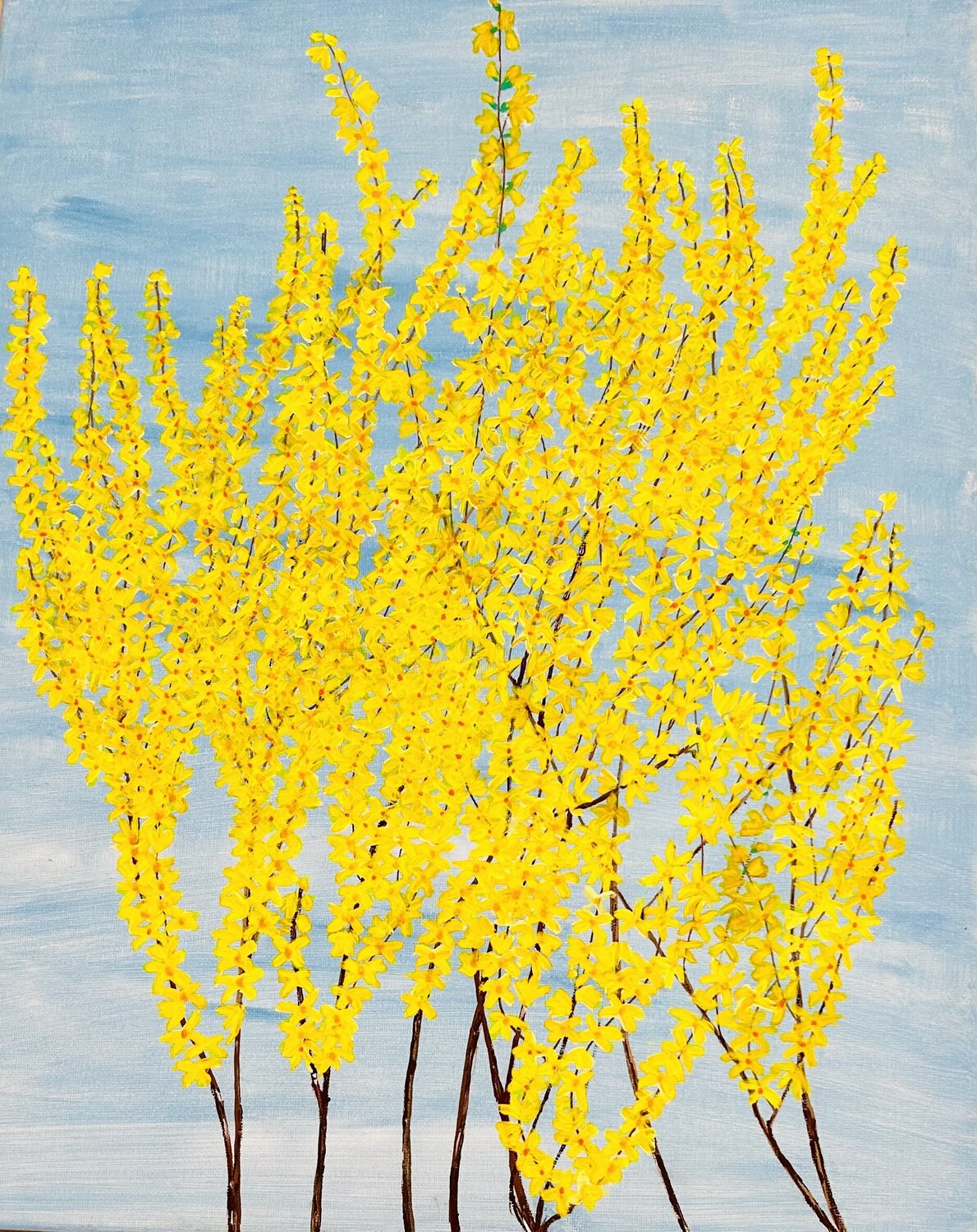 Forsythia on blue (flowers) Ruth Breen Original painting for sale