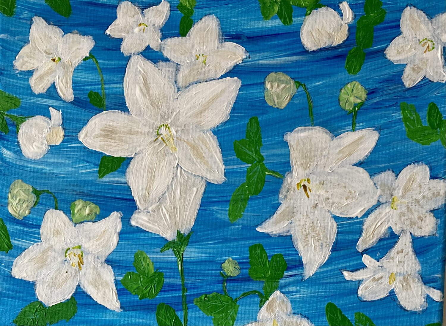 White lilies flowers on blue Ruth Breen Original painting for sale