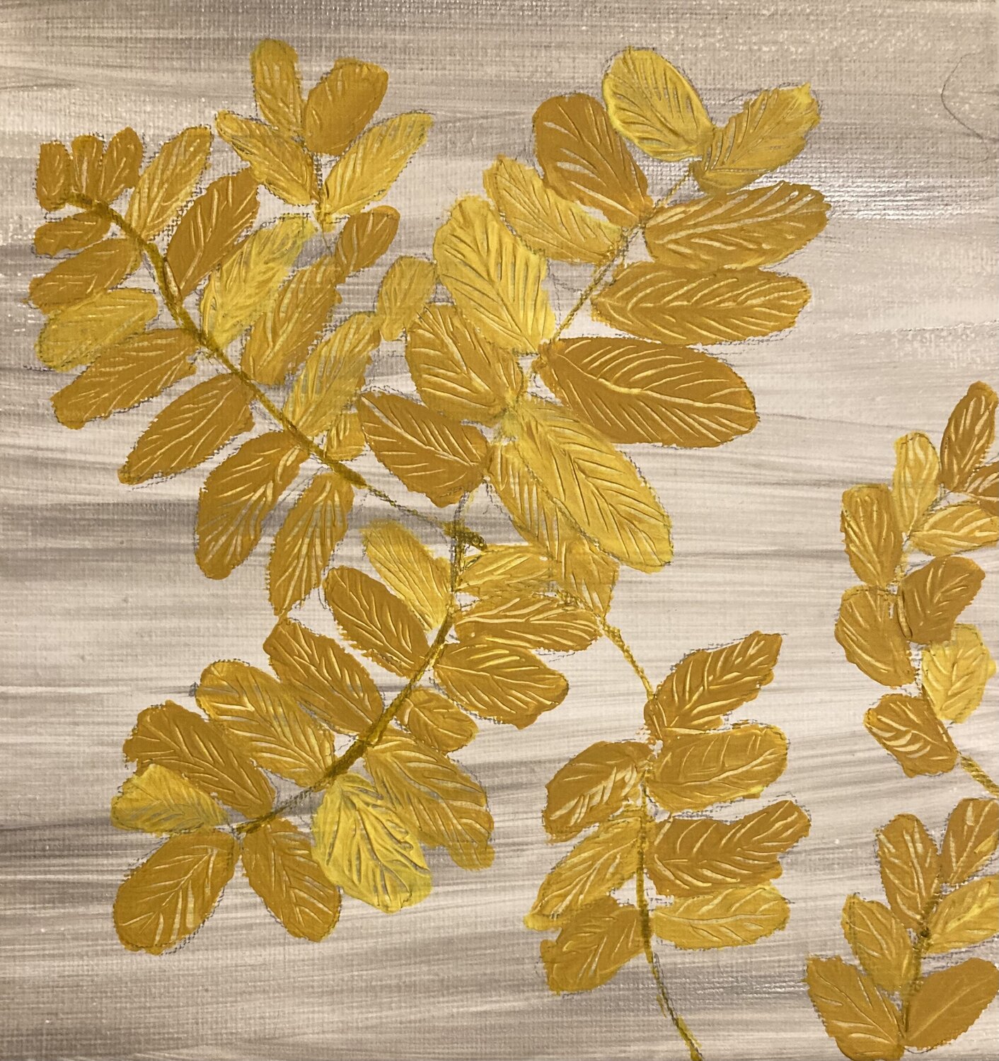 Golden Autumn leaves on light gold background Ruth Breen Original painting for sale