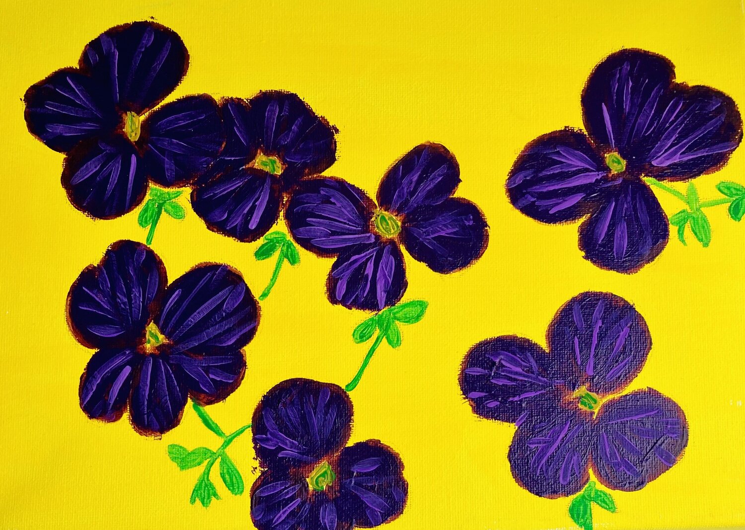 Purple rockery flowers on yellow Ruth Breen Original painting for sale