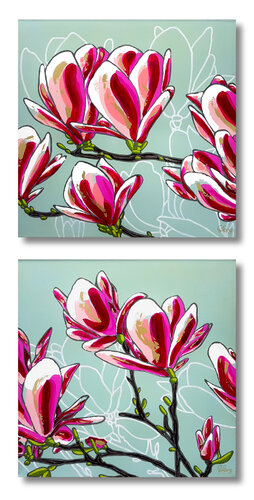 Duck Egg Blue Magnolias Diptych 122cm x 61cm by DEBORAH LANG, Painting for Sale on Select