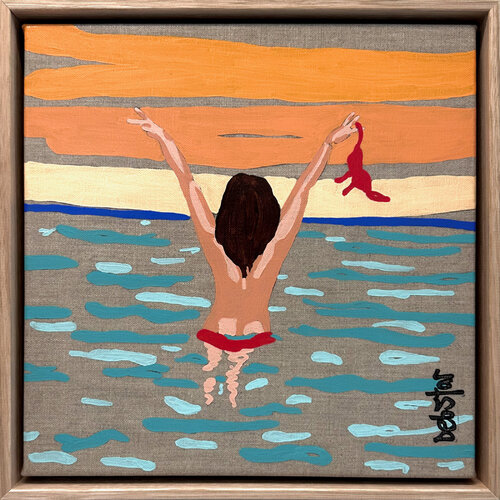 Lady in Red - Morning Dip 33.5cm x 33.5cm Framed by DEBORAH LANG, Painting for Sale on Select