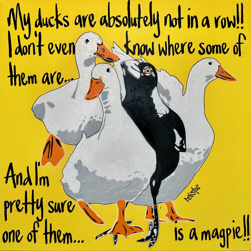 Ducks in a row Yellow Magpie 61cm x 61cm by DEBORAH LANG, Painting for Sale on Select