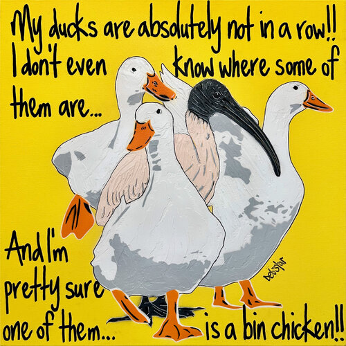 Ducks in a Row Yellow Bin Chicken 61cm x 61cm by DEBORAH LANG, Painting for Sale on Select