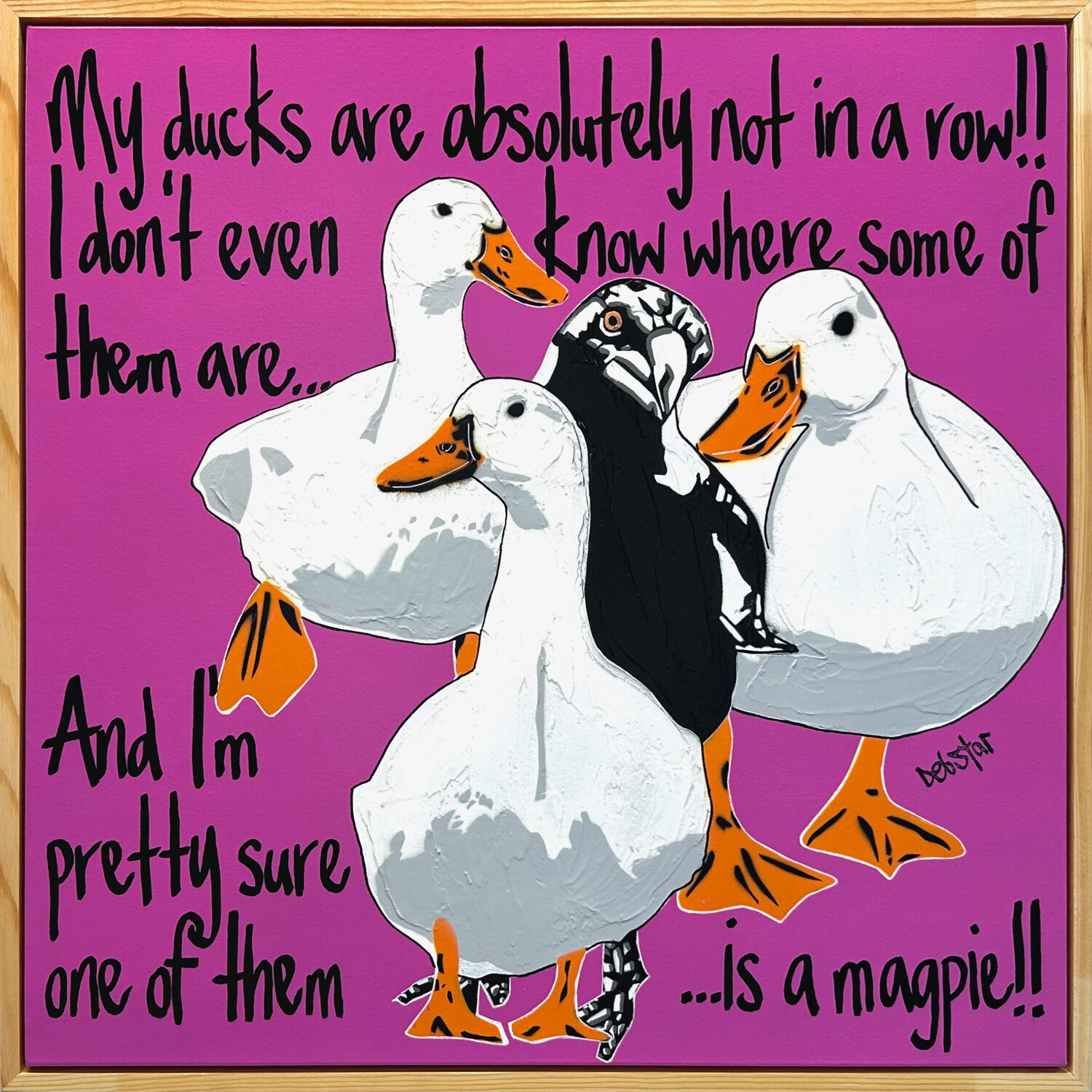 Ducks in a Row magenta 2 Framed 64cm x 64cm DEBORAH LANG Original painting for sale