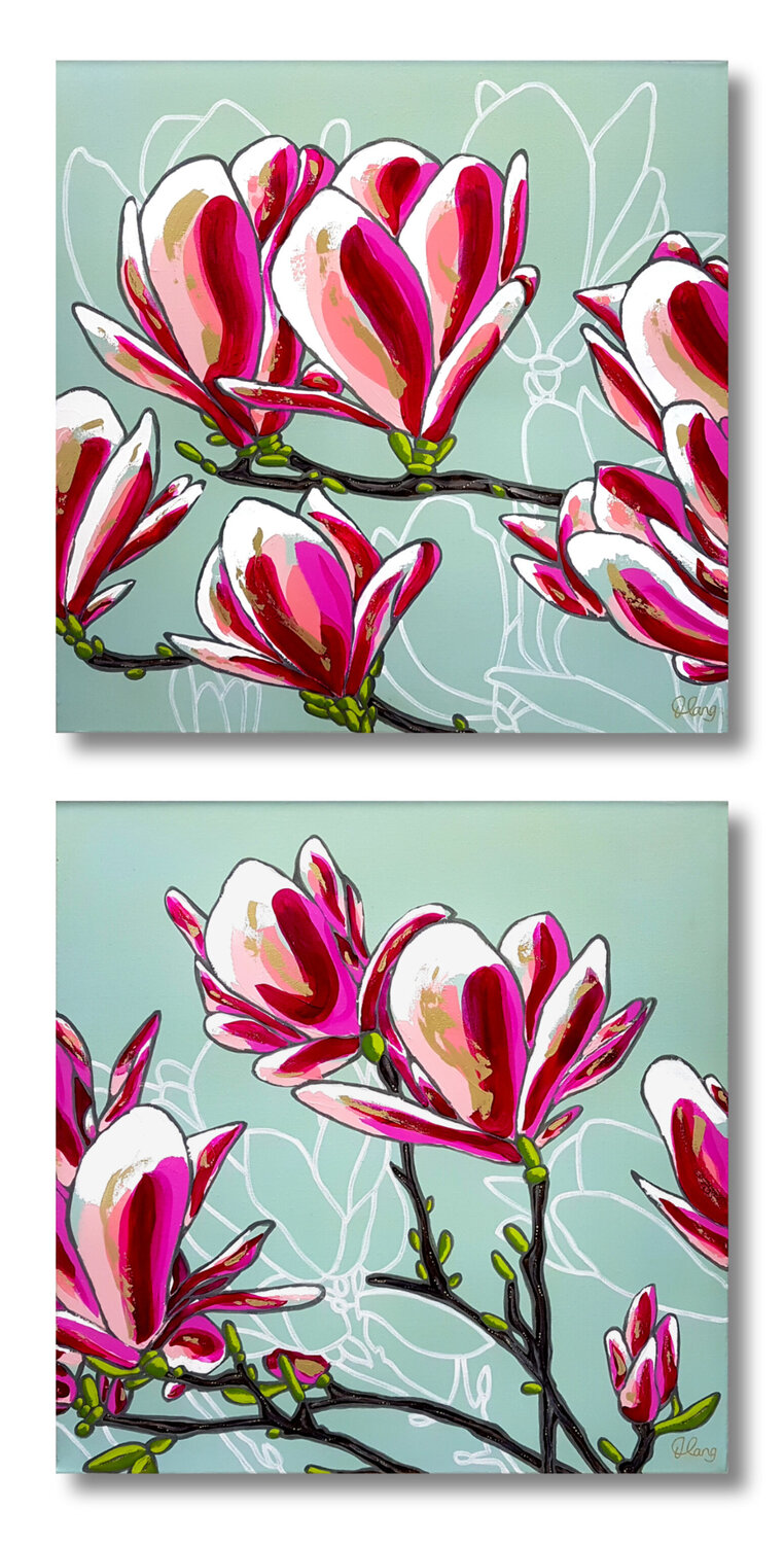 Duck Egg Blue Magnolias Diptych 122cm x 61cm DEBORAH LANG Original painting for sale