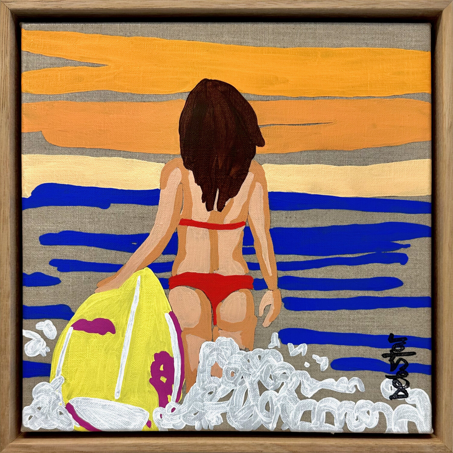 Lady in Red - Surf  33.5cm x 33.5cm Framed DEBORAH LANG Original painting for sale