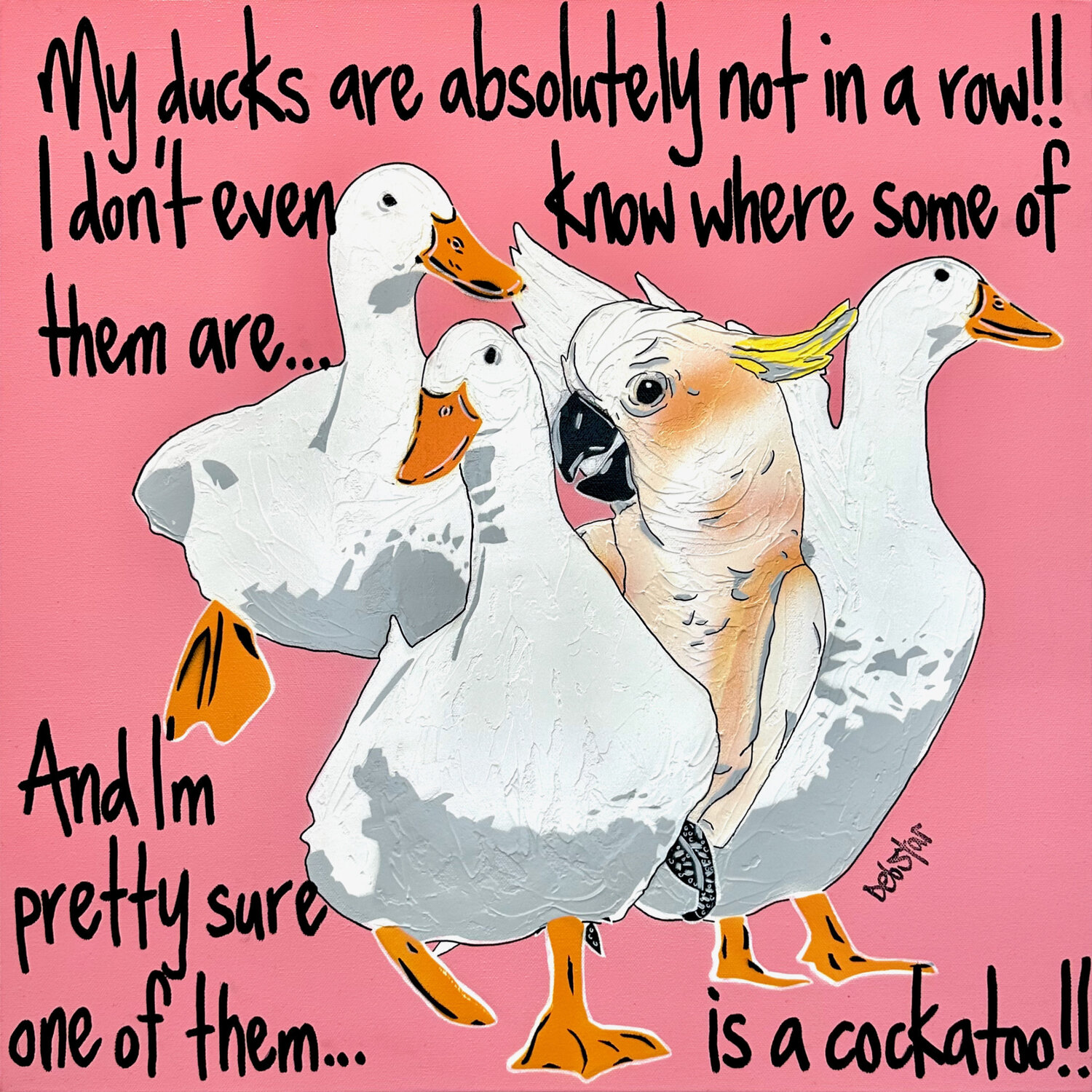 Ducks in a Row Pink Cockatoo 61cm x 61cm DEBORAH LANG Original painting for sale