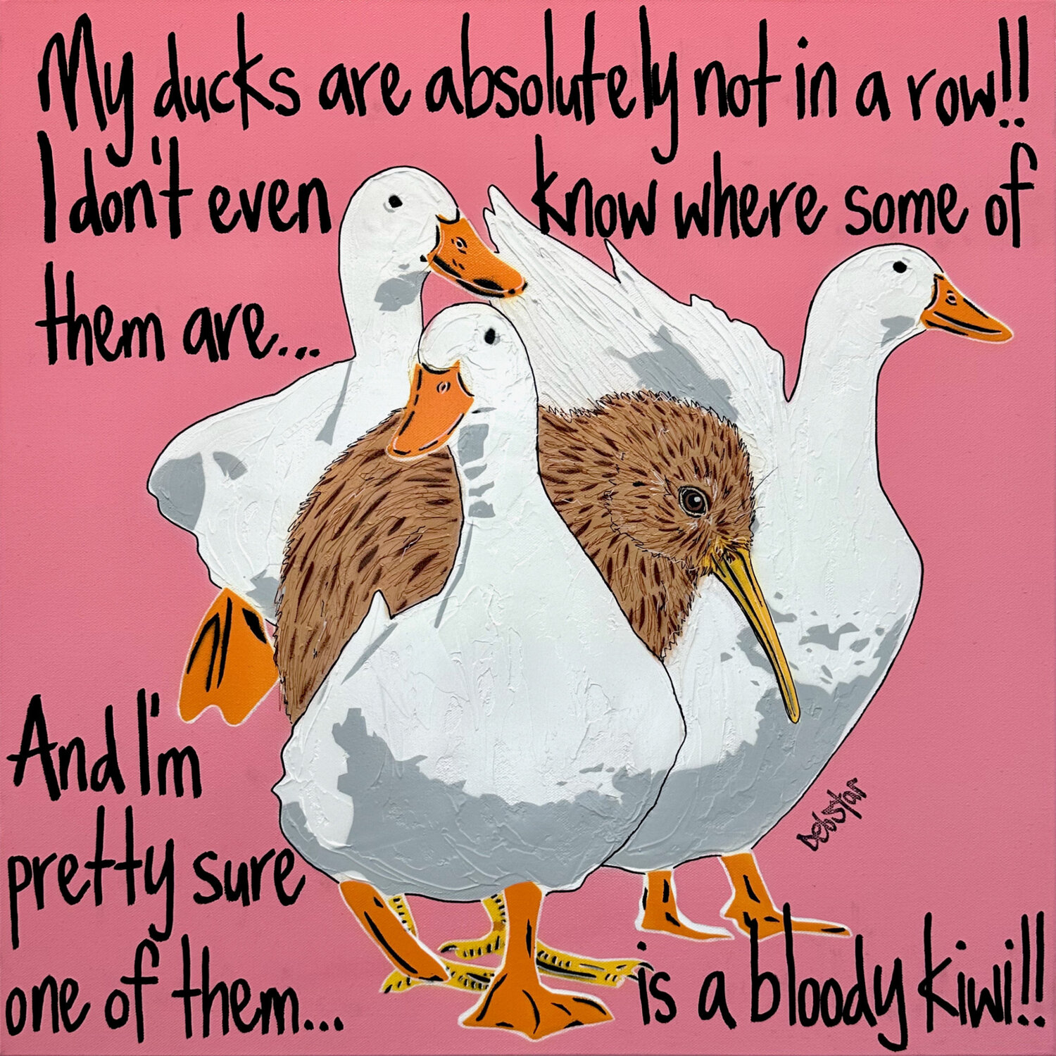 Ducks in a Row Pink Kiwi 61cm x 61cm DEBORAH LANG Original painting for sale