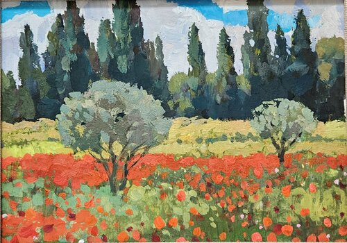 Olive Trees and Poppy Bloom, Occitanie Landscape Painting by Tatiana Hellum, Painting for Sale on Select