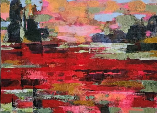 Poppies in Passing. Large, textured abstract landcape by Tatiana Hellum, Painting for Sale on Select