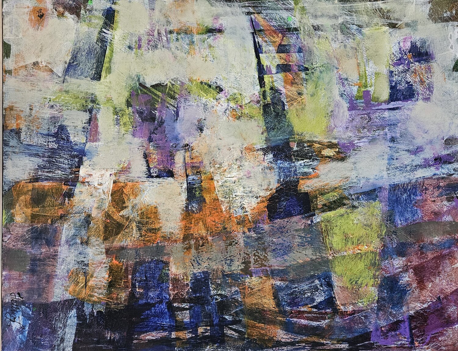 A Chance Encounter. Abstract painting, ochre, violet, indigo Tatiana Hellum Original painting for sale