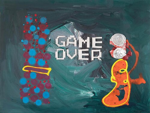 GAME OVER (May 2019) Acrylic, enamel, canvas primed and laminated object on wood, Córdoba, Spain by Pacorrosa Cuevas, Painting for Sale on Select