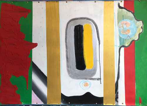 Elecktra & Átomo primera conexión  Óleo, acrílico, grafito, rotulador y metal sobre lienzo.  2021 Córdoba, España  80x120cm by Pacorrosa Cuevas, Painting for Sale on Select