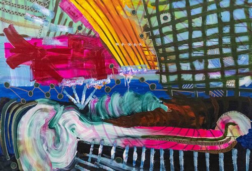 " Cosmical Bull Running on the Space" - Materials: Acrylic & markers on canvas June 2022 - 128x200 cm by Pacorrosa Cuevas, Painting for Sale on Select