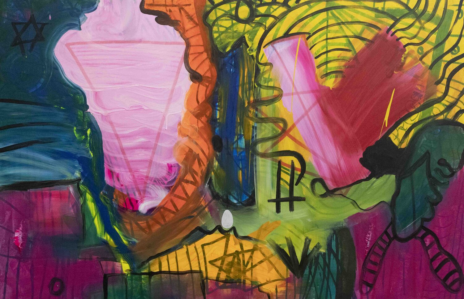Cosmical Triangleheart & the Egg -  Materials: Acrylic, markers, graphite & enamel on canvas June 2022  - 128x200cm Pacorrosa Cuevas Original painting for sale