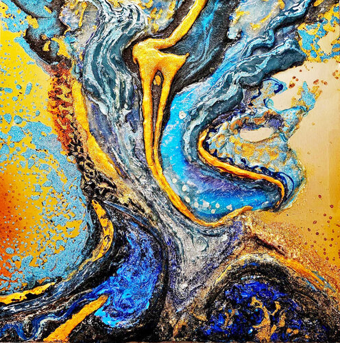 Fluid (cyan and gold) by Stefania Pinsone, Painting for Sale on Select