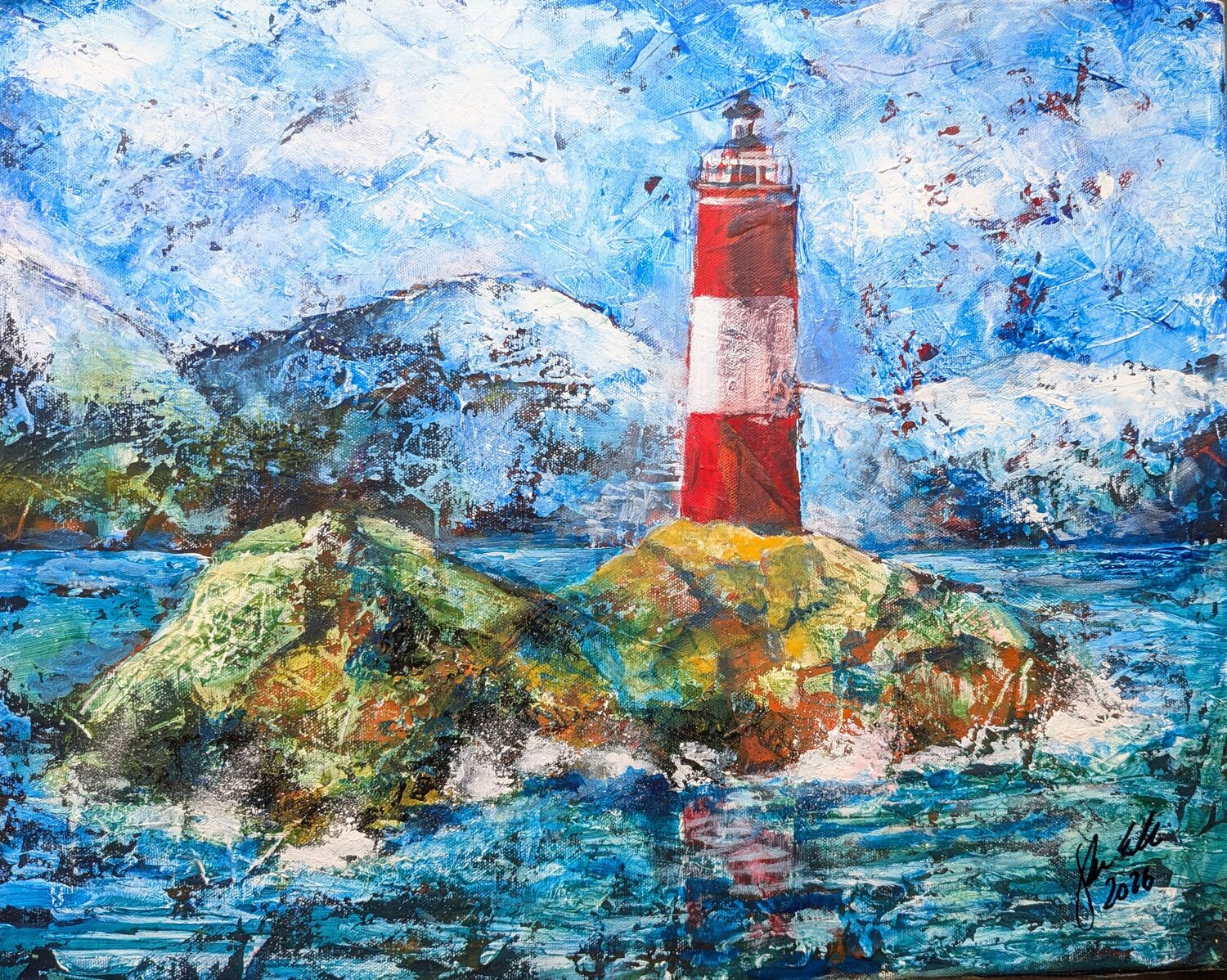 Leuchtturm am Ende der Welt (Ushuaia- Argentinien) Edeltraud Steurer Original painting for sale