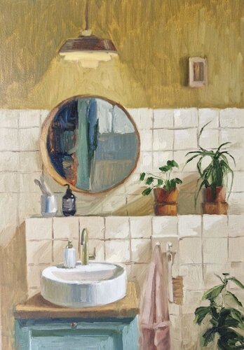 "Bathroom" Warm colors art . Everyday life Painting by Yana Sagan, Painting for Sale on Select